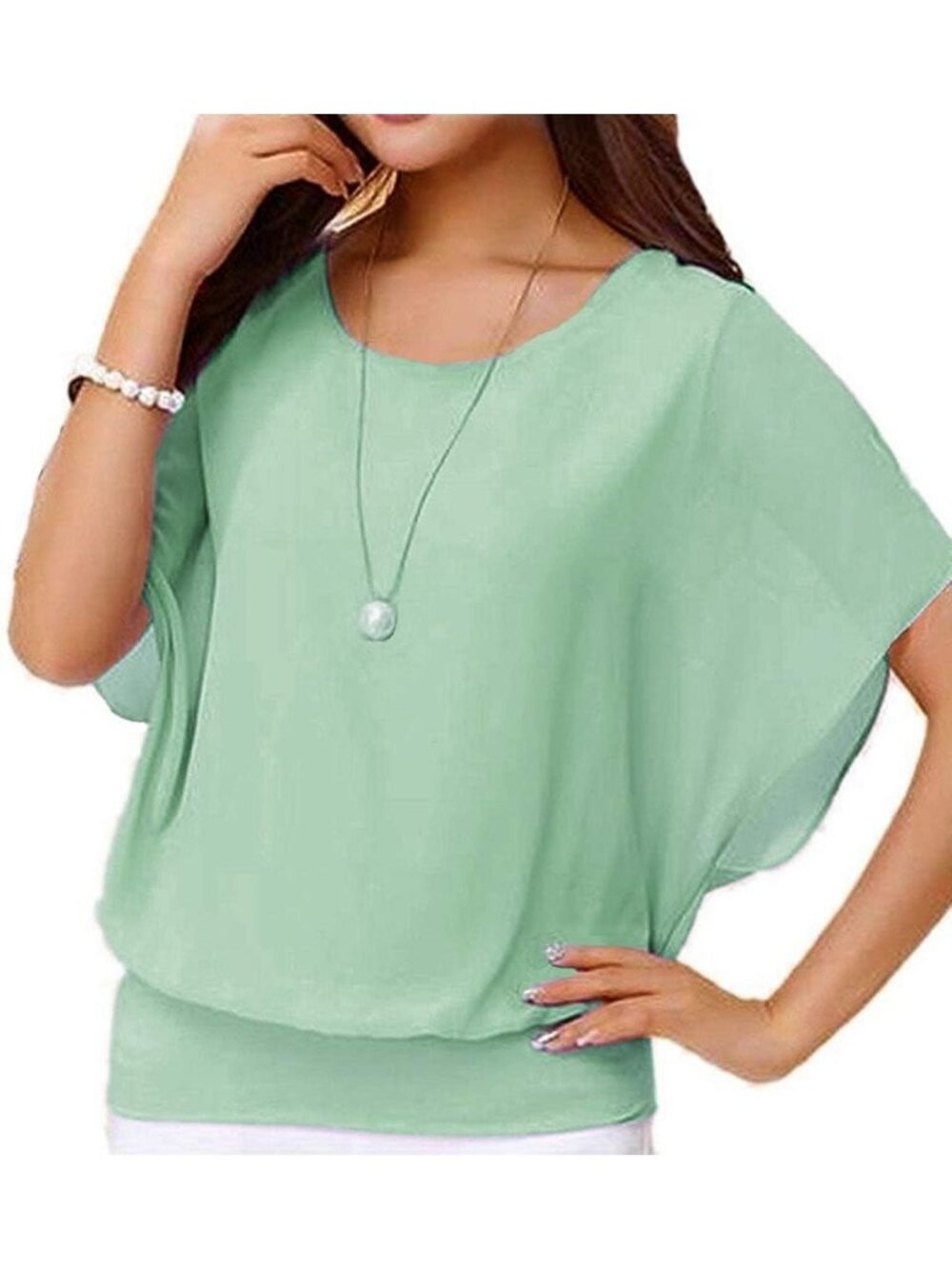 Women's Green Elegant Loose Casual Short Sleeve Chiffon Top T Shirt Blouses